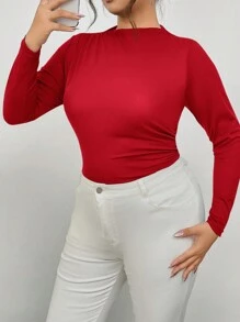 SHEIN Frenchy Camiseta azul de manga larga, con pliegues, elegante y ajustada, de talla grande para otoño y casual - Rojo - Ver 6