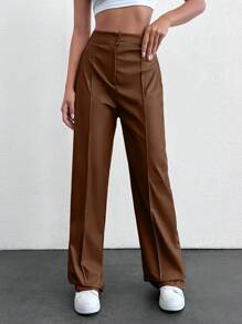 SHEIN Tall Pantalones marrones con cintura alta, pierna acampanada y costura delantera - Marrón - Ver 1