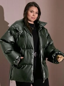 RueChic Plus Size Stand Collar Drop Shoulder Sleeve PU Leather Padded Jacket - Army Green - View 6
