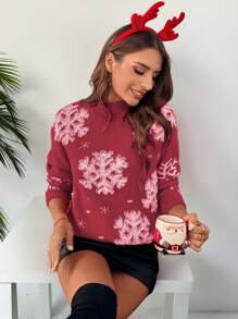 Chiquease Áo len chui đầu cổ tròn tay dài họa tiết bông tuyết tối giản cho nữ, áo len chui đầu dệt kim, áo len thu đông - Màu Đỏ Sâu - Xem 5