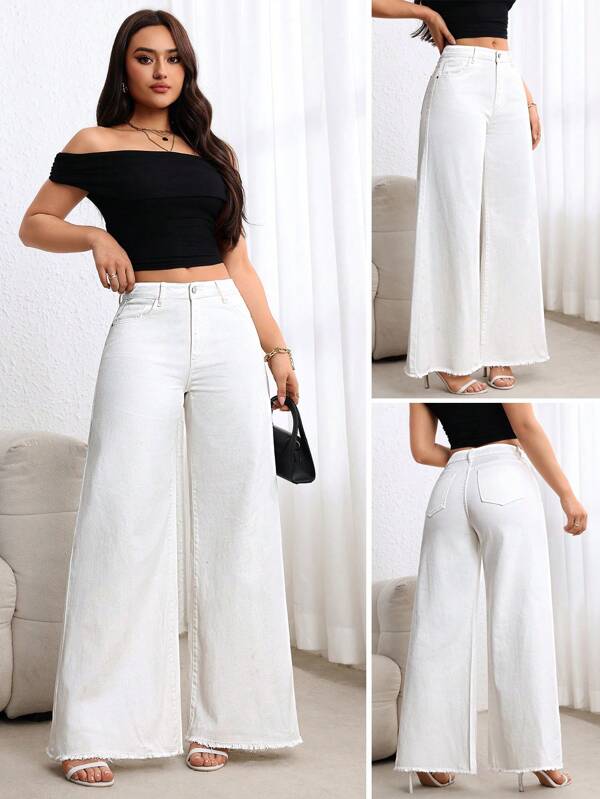 Breezaya Jeans casuales de mujer de pierna ancha, blancos, holgados y con bolsillos