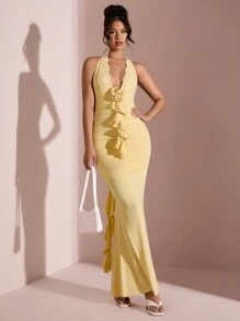 SHEIN BAE Abito aderente con scollo a V profondo, con rifiniture in pizzo, volant e coda a sirena, adatto per San Valentino, occasioni romantiche, feste, appuntamenti, damigelle, matrimonio, cocktail, uso quotidiano - Giallo - Visualizzare 1