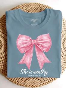 Calvaya Plus Size Women's Tops Pink Bow Faith Letter 'she Is Worthy' Slogan Graphic Print Round Neck T-Shirt, For Summer