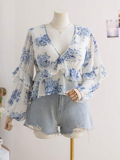 Dreamara Plus Size Women's Spring Vacation White Chiffon Blue Floral Print V-Neck Lantern Sleeve Double Layer Ruffle Hem A-Line Blouse