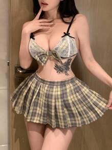 DAZY Conjunto de lencería sexy con lazo a cuadros para mujer - Morado - Ver 5