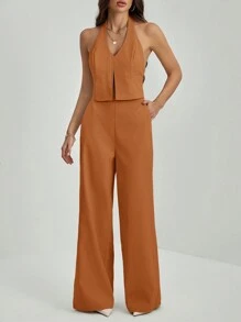 SHEIN Tall Áo thun hở lưng cổ chữ V không tay + quần ống rộng, bộ đồ bó và dài cho nữ công sở - màu nâu - Xem 5