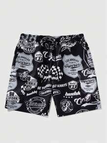 ROMWE MEN Street Life Men's Racing Print Cargo Shorts With 3D Pockets, Summer - Black - View 3