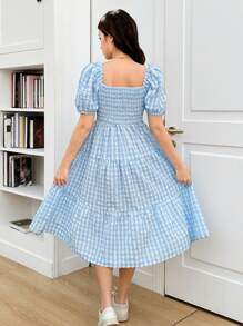 SHEIN 少女蓝色格子泡泡袖中长款可爱甜美连衣裙、学院风连衣裙、度假风连衣裙 - 藍白色 - 查看 2