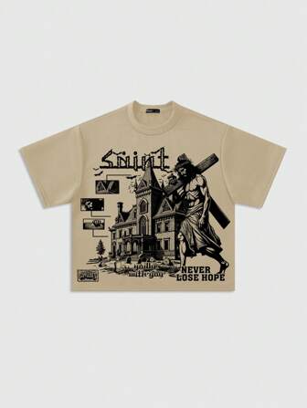 Street Life Herren Überschnittene kurze Grafik-Muster T-Shirts mit Dropped Shoulder, Retro Straßen-Style