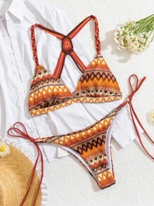 Women's Beach Vacation Bohemian Texture Halter Bikini Swimwear Set, Backless Handmade Woven Criss Cross Tank Top And Drawstring Swim Shorts, Suitable For Beach Outings For Summer Beach Vacation