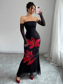 Elenzga Trägerloses figurbetont Fischschwanz-Saum französischer Stil Blumen elegantes Doppellagen Tüllkleid - Schwarz - Übersicht 1