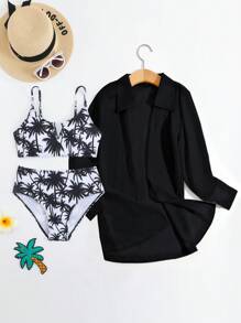 SHEIN Tween Girl Palm Tree Print Casual Bikini Set With Long Sleeve Kimono Cover-Up - Black and White - View 1
