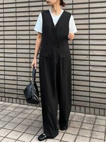 FRIFUL Mono negro para mujer, pantalón de pierna recta con cuello en V y sin mangas, monos de primavera para mujer