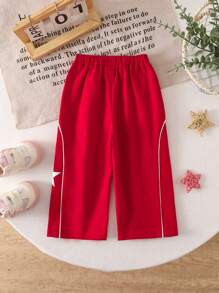SHEIN Baby Girl Cute Star Print Elastic Waist Pants, Red, Versatile, Autumn/Winter - Red - View 2