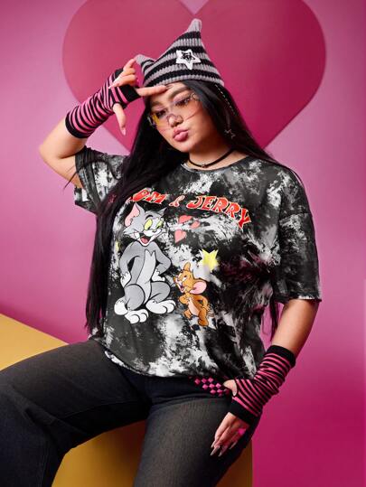 TOM & JERRY X SHEIN Áo thun cổ tròn tay ngắn nhuộm loang Y2K dáng rộng thoải mái cỡ lớn, phong cách đường phố thời thượng, lễ hội âm nhạc, áo phông vẽ tay hình ngôi sao trái tim vui nhộn, xuân hè
