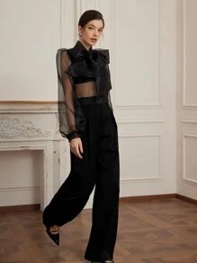 Aveloria Rosie Women's Romantic French Style Organza Sheer Sexy Tied Bow Puff Sleeve Blouse Top, Spring/Summer Fashion Fall Cloth For Women - Black - View 2