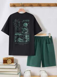 SHEIN Leap Crew 2 Stücke/Set Teenager Jungen Lässig Kurzarm T-Shirt und Shorts Set, Straßen Punk Rock Schul-Stil Outfit für den täglichen Gebrauch, Party, Musikfestival, passend für Frühling/Sommer - Verschiedenfarbig - Übersicht 1