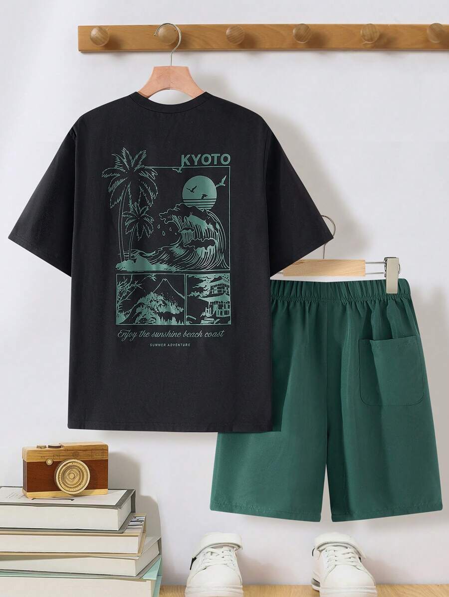 SHEIN Leap Crew 2 Stücke/Set Teenager Jungen Lässig Kurzarm T-Shirt und Shorts Set, Straßen Punk Rock Schul-Stil Outfit für den täglichen Gebrauch, Party, Musikfestival, passend für Frühling/Sommer - Verschiedenfarbig - Übersicht 1