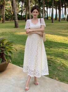 DAZY 蕾丝荷叶袖中长连衣裙，女士度假装扮 - 白色 - 查看 5