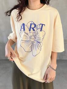 FRIFUL 女士杏色宽松T恤，带有花卉灰色图案，休闲夏季装可爱上衣超大T恤 - 杏色 - 查看 4