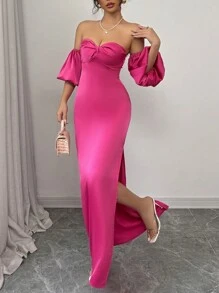 Rafferiza Elegantes figurbetontes ärmelloses Satin-Kleid mit Twist-Detail an der Front, Laternenärmeln und Fishtail-Saum, Rosenrot, Frühling/Sommer - Pink - Übersicht 5