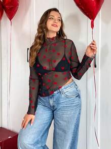 SHEIN Essnce Blusa de manga larga negra transparente y ajustada con efecto de flocado en estilo sexy y casual para mujeres de talla grande, ideal para salir, conciertos, citas y clubes