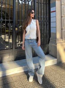 Pariaura 女士优雅 V 领修身无袖毛衣上衣 - 杏色 - 查看 3