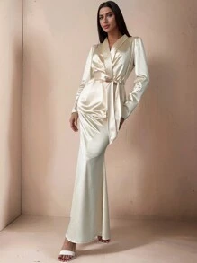 SHEIN Privé Elegant Autumn Cream Shawl Collar Cinched Waist Blazer & V-Waist Slim Fit Fishtail Skirt Suit Set,Minimalist Retro Light Luxury Office Dining,Winter - Apricot - View 12