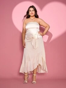 SHEIN MOD Váy Maxi Maxi Không Dây Nơ Màu Mơ, Bộ Trang Phục Thanh Lịch Cho Nữ Cỡ Lớn - Màu be - Xem 2