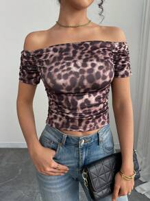 INAWLY Fashionable Leopard Print Off Shoulder Ruched Fitted T-Shirt