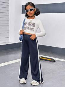 Tween Girl 休闲纯色针织和网眼拼布缎带阔腿裤 - 藏蓝色 - 查看 3