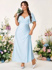 Cravure Elegant Knit Fabric Dress For Wedding & Party, Loose Fit With Sash, Shallow Blue, Summer, Plus Size - Blue - View 5