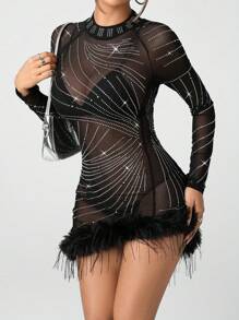 SHEIN ICON Black Mesh Splice Tassel Gathered Mock Neck Pearl Embellished Formal Dress - Black - View 3