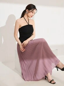 Modelyn Women's Korean Style Fashion Knit Fabric Black Tube Top Neck-Tied Patchwork Color Contrast Ruffle Hem Dress