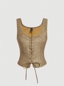 SHEIN MOD Plus Size Olive Green Grommets Lace-Up Retro Tank Top - Khaki - View 1