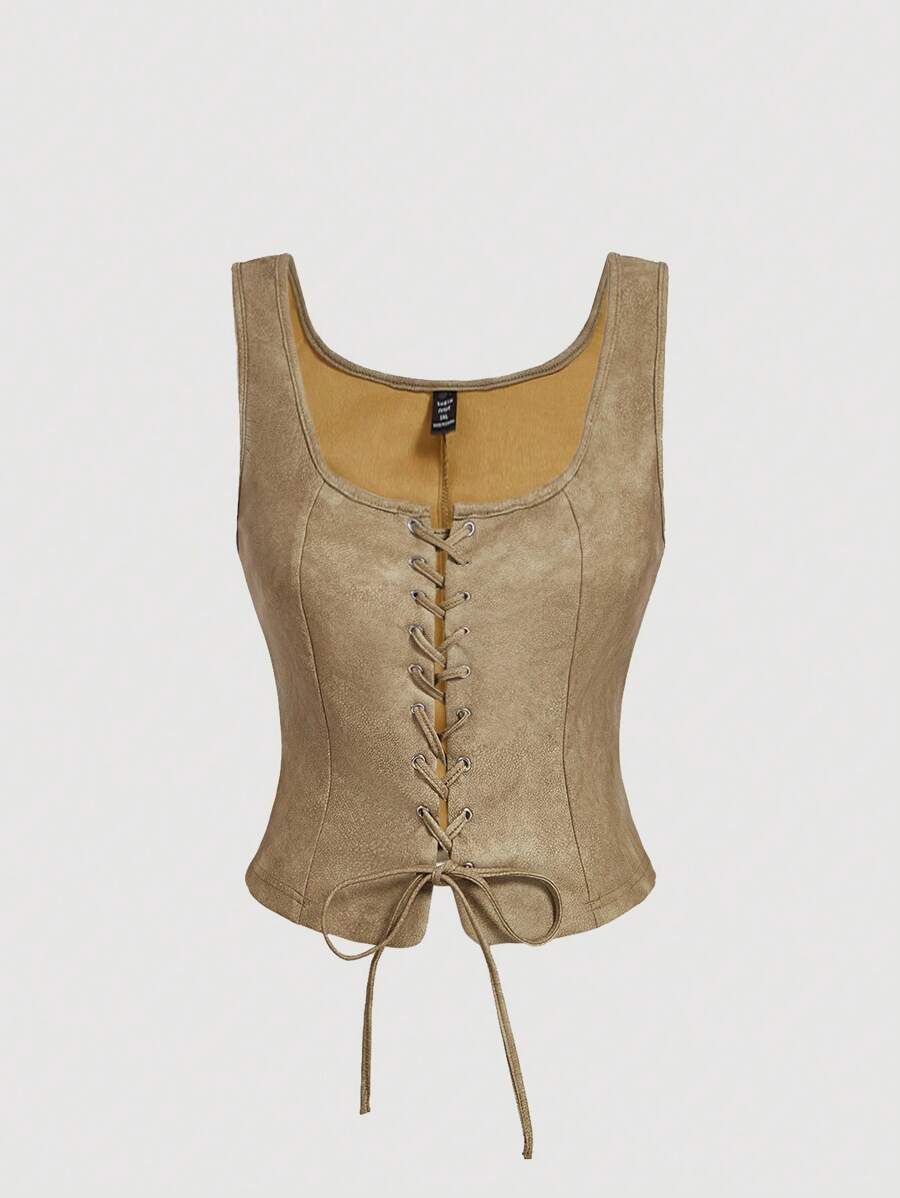 SHEIN MOD Plus Size Olive Green Grommets Lace-Up Retro Tank Top - Khaki - View 1