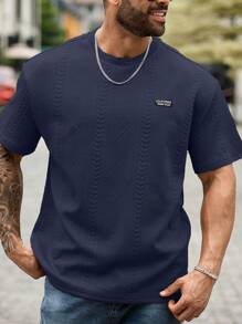 Manfinity Homme 大码男式字母图案短袖休闲 T 恤 - 藏蓝色 - 查看 3