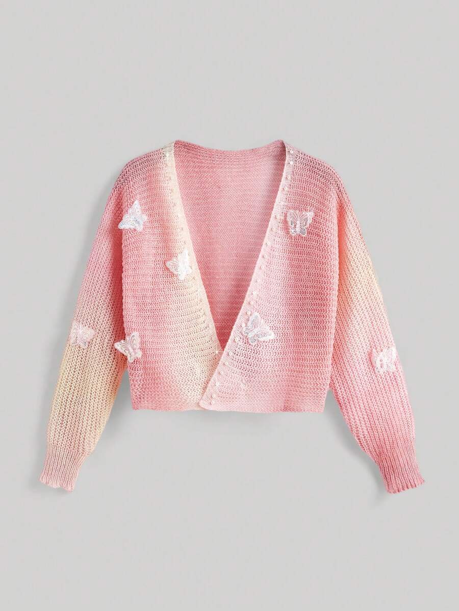 SHEIN MOD 女士甜美蝴蝶结镂空渐变粉色开衫(随机印花) - 粉色 - 查看 1
