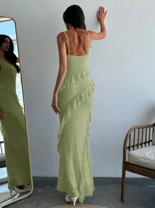 Aloruh Đầm dài ôm sát cổ xếp nếp lãng mạn cho nữ có viền nhún bèo, phù hợp cho mùa xuân/hè - màu xanh lá - Xem 3