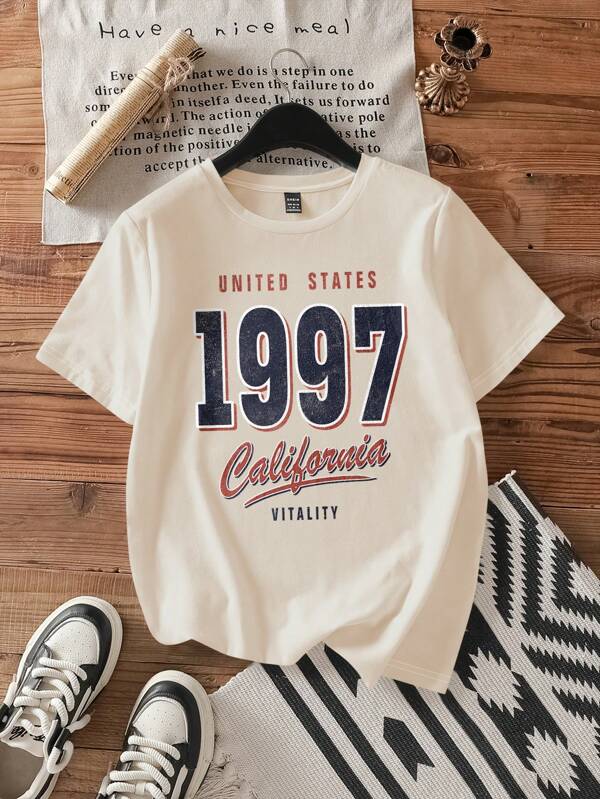 Attitoon Casual Minimalist 1997 Pattern Round Neck Short Sleeve Loose Women T-Shirt, Cotton Blend, Suitable For Summer
