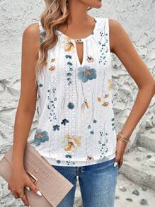 Breezaya Women's Spring/Summer Holiday Casual Embroidered Jacquard Jacquard Keyhole Neck Sleeveless Tank Top - White - View 4