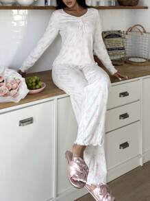 SweetSlumber Cute Allover Bow Print Women Pajama Set , Fall Winter Clothes Cozy And Elegant Details - White - View 3