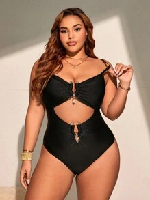 Swim Vcay Summer Plus Size Women Solid One-Piece Hollow Metal Buckle Adjustable Strap Swimsuit - Black - View 5