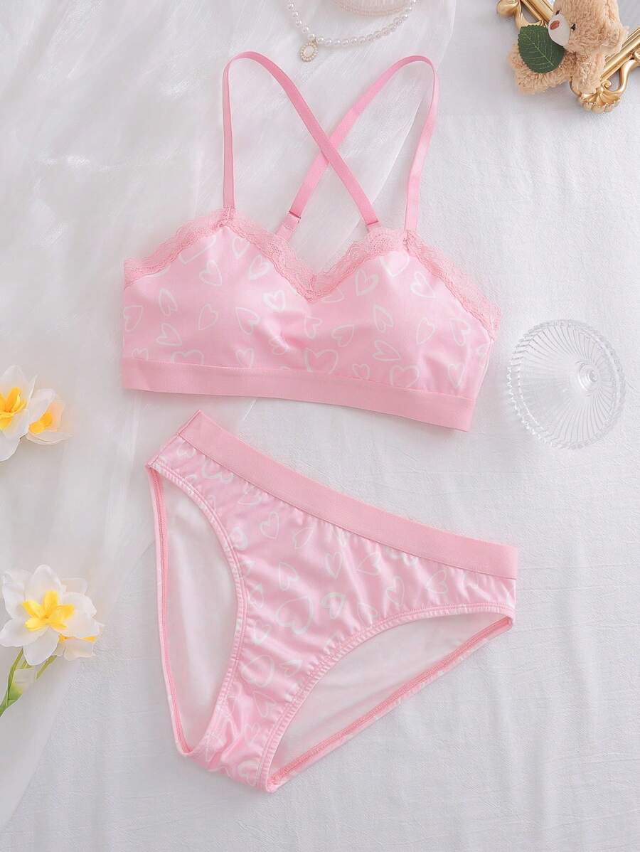 2pcs/Set Young Girls Lace & Heart Print Comfortable Bra And Panty Set, Cute & Sweet Intimate Apparel For Teenagers - Pink - View 1