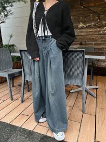 FRIFUL Women's Black Cropped Cardigan With Tie, Spring,Fall Clothes