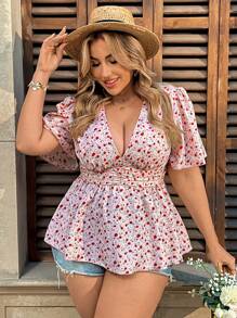 Flirla Plus Size Boho Short Sleeve Casual Blouse, Fashionable For Daily Wear, For Summer - Pink - View 1