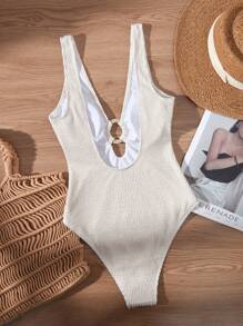 SHEIN Swim 女式 V 领纹理面料沙滩装带环饰，休闲度假连体泳衣，适合夏季