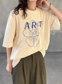 FRIFUL 女士杏色宽松T恤，带有花卉灰色图案，休闲夏季装可爱上衣超大T恤 - 杏色 - 查看 6