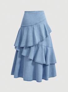 SHEIN MOD 圣帕特里克节春假可爱牛仔荷叶边半身裙 - 淺色水洗藍 - 查看 2