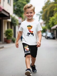 2pcs Young Boy Cartoon Bear Print Round Neck Short Sleeve T-Shirt And Shorts Casual Set
